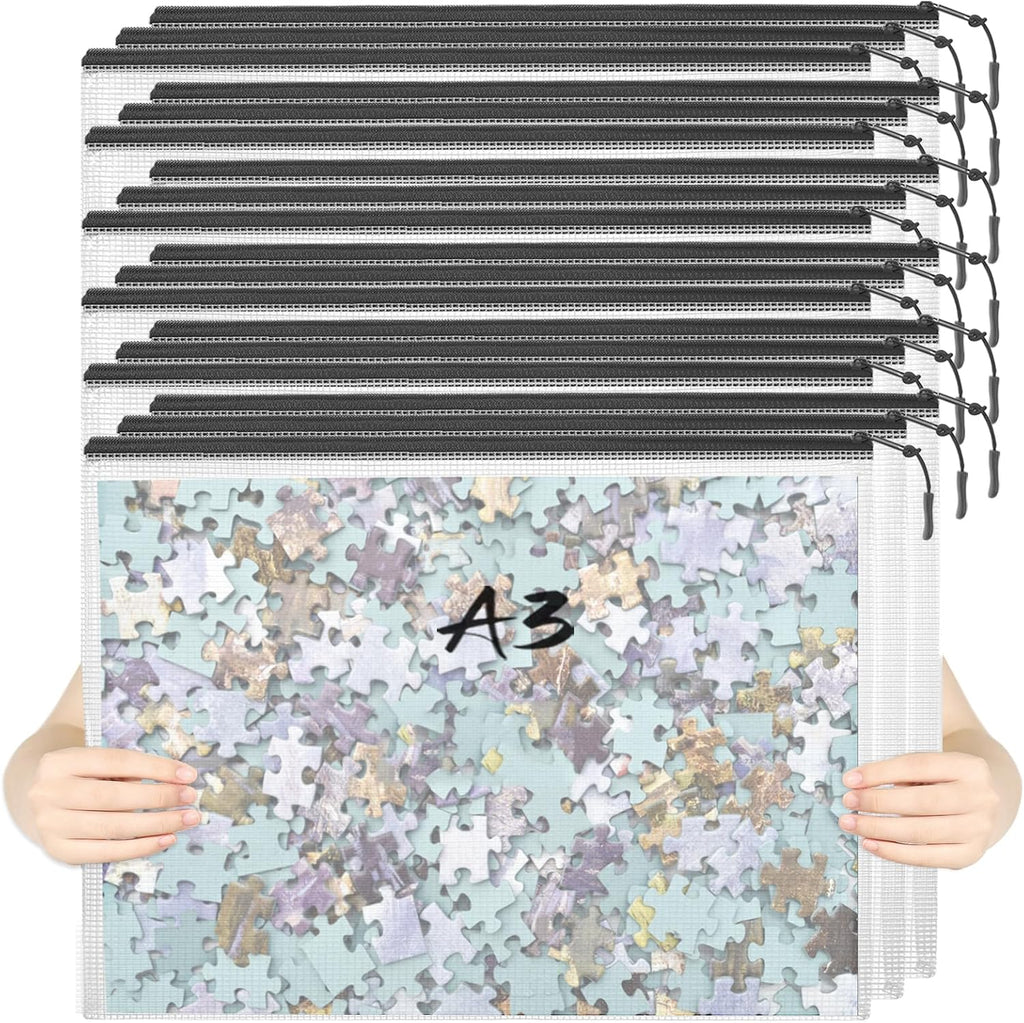 18pcs Mesh Zipper Pouch Puzzle Storage Bags A3 17x12 Inches Large File Bags Black Reusable Zipper Pouches for Organizing, Classroom Board Game Organization