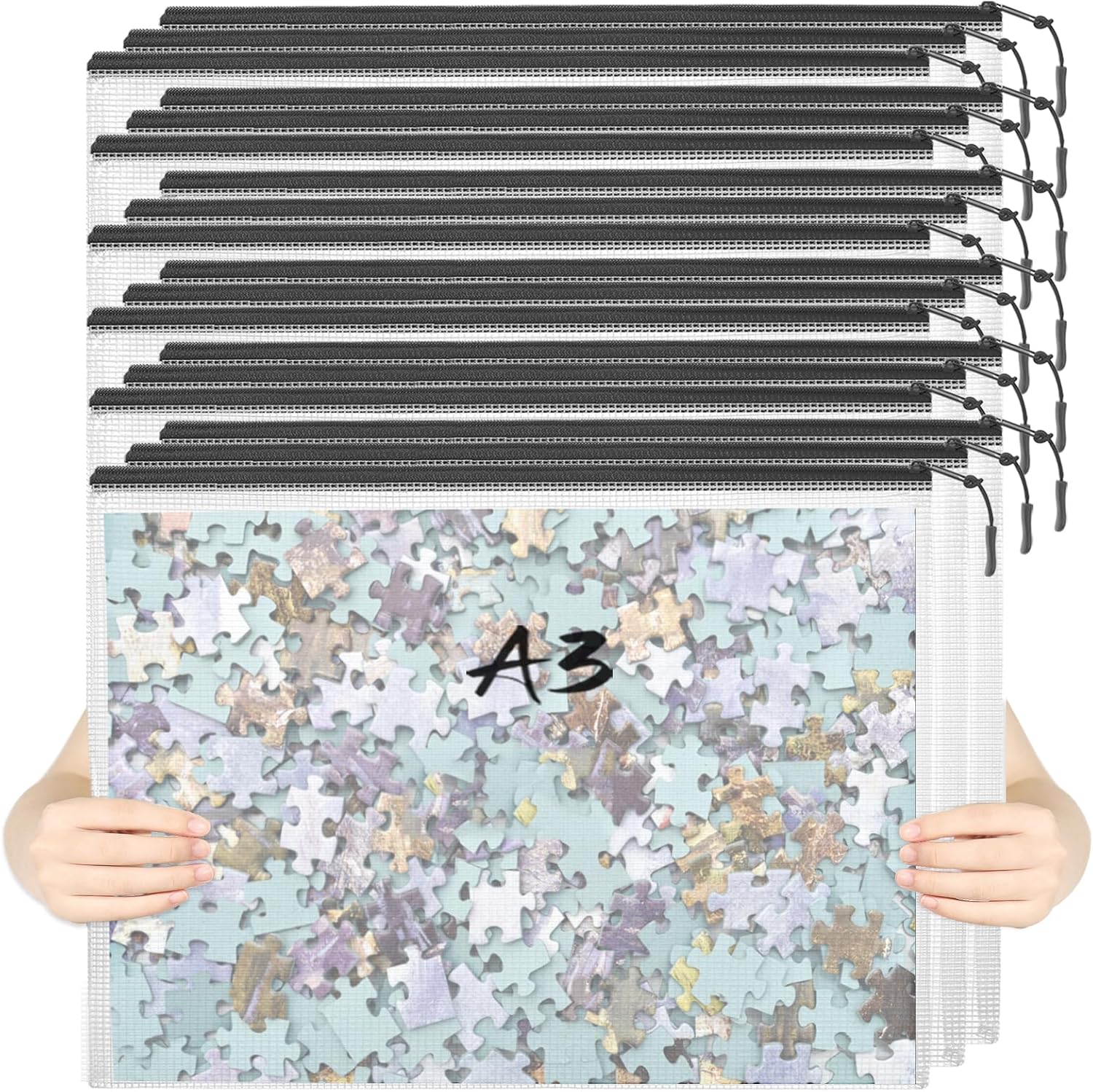 18pcs Mesh Zipper Pouch Puzzle Storage Bags A3 17x12 Inches Large File Bags Black Reusable Zipper Pouches for Organizing, Classroom Board Game Organization