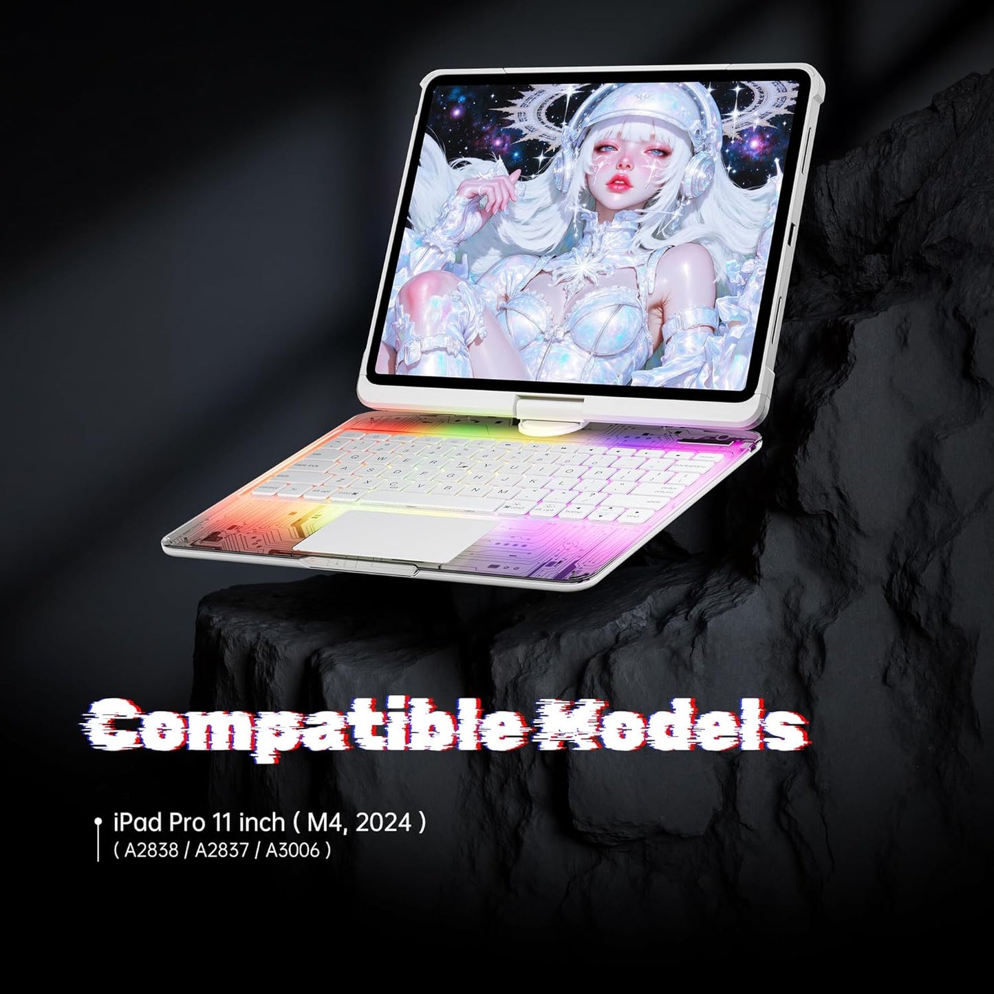 KITONE Transparent Case with Wireless Keyboard only for 2024 iPad Pro 11-in.(M4), 7 Colors Backlight, Trackpad, 360°Rotating Stand for iPad Pro 11(5th Gen), Tech Style