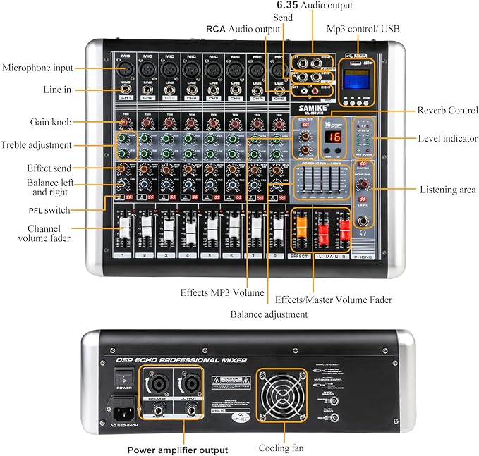 Mixers Audio 8 Channel Mixer Power Mixer Amplifier 2 * 300 Watt Output Dj Mixer Board with 16 Kinds of DSP Reverb Sound Mixers for Speakers
