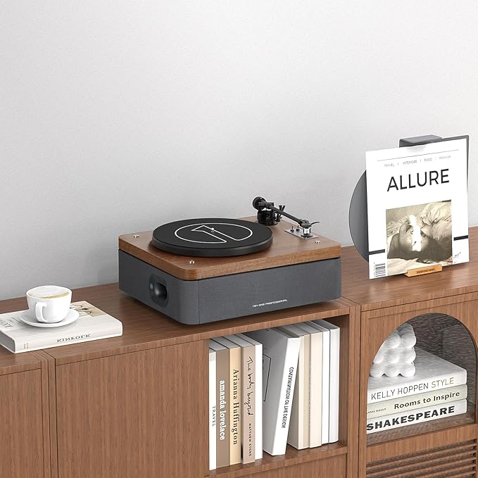 1 by ONE All-in-One Vinyl Record Player, HiFi Turntable Built-in Speakers, Phono Preamp, Magnetic Cartridge AT-3600L, Belt Drive 2 Speeds, Vintage Wood Design