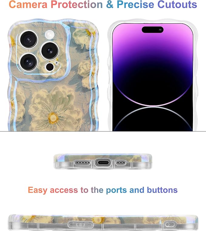 Jusy Compatible with iPhone 11 Pro Max, Colorful Retro Oil Painting Printed Flower Laser Glossy Pattern Cute Curly Wave Phone Case Soft TPU Cover for Girly Women - Light Blue