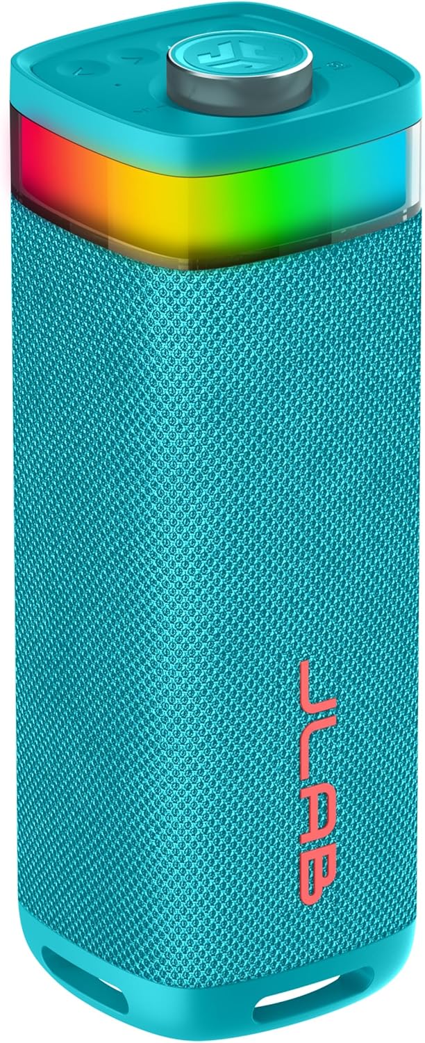 JLab JBuds Party Portable Bluetooth Speaker, 2 Full-Range Drivers + 2 Passive Woofers, IP56 Waterproof, 12 Hours Playtime, Connect Multiple Speakers, Custom Sound + RGB Lighting via App, Cyan