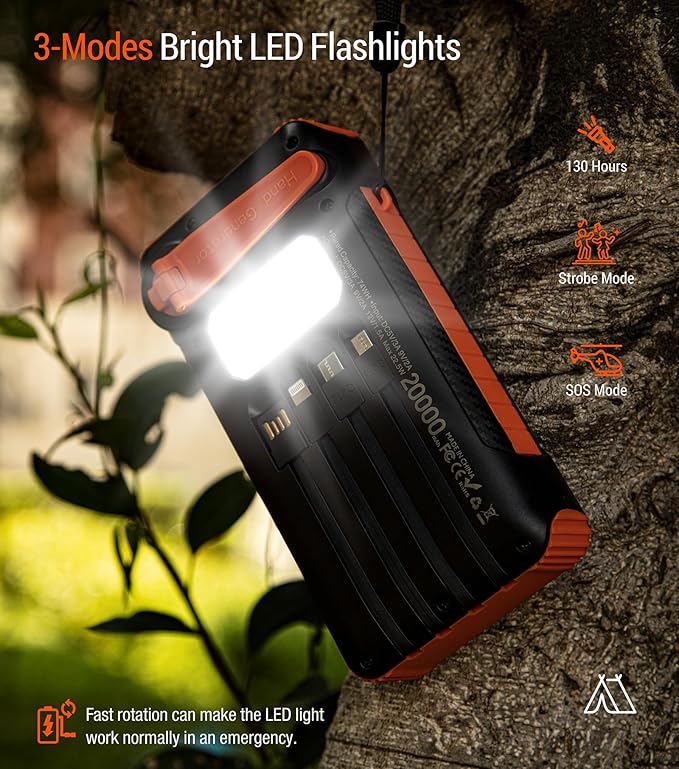Solar Power Bank 20000mAh Built in Hand Crank and 4 Cables 22.5W Fast Charge Power Bank 5 Outputs & 5 Inputs Solar Portable Charger, SOS/Strobe/Strong Flashlights, Carabiner (Orange)