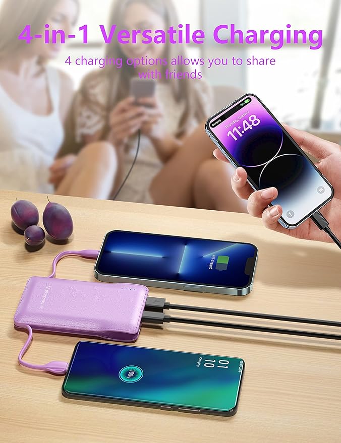 10000mAh Portable Phone Charger with Built-in 2 Cables, Small Slim Mini Power Bank Fast Charging, USB-C In/Output External Battery Pack, Travel Essentials Compatible with Android/IOS Phones