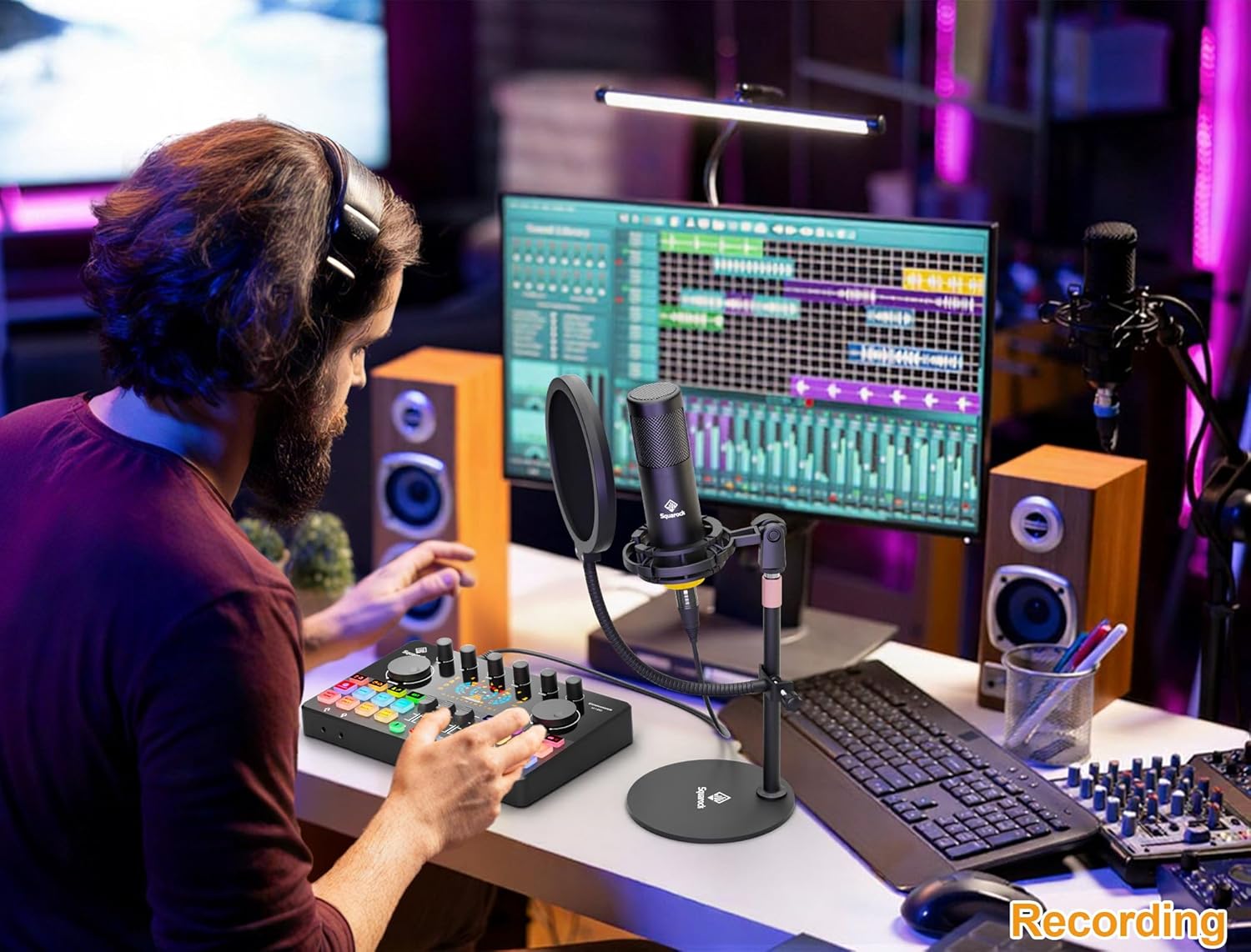 Podcast Equipment Bundle All-in-One with Dual XLR-3.5 Condenser Micophone with Mic Pop Filter Audio Equipment for Live Streaming/Recording, Online Gaming for Phone/Laptop/PC Audio Interface M100