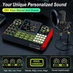 Audio Mixer, Sound Board for Pc/Phone Live Streaming Singing Gaming, Sound Mixer for 3.5/6.35mm Dynamic Microphone, Live Sound Card with DJ Mixer Effects & Voice Changer, Denoise, One Click Mute