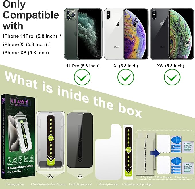 (2-Pack Anti-Spy Privacy Screen Protector for iPhone X/XS/11 Pro(5.8-Inch),9H Tempered Glass,Full Coverage,Anti-Fingerprint,Auto Dust Removal,Bubble-Free,Easy Installation