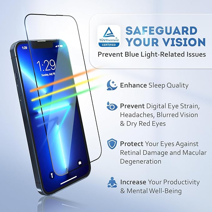Deppa |2 Pack| Anti-Blue Light Screen Protector for iPhone 14 Plus/13 Pro Max (6.7') | Scratch Resistant Tempered Glass | 3D Edge to Edge Coverage | Easy Installation Kit | Eye Safeguard TÜV Certified