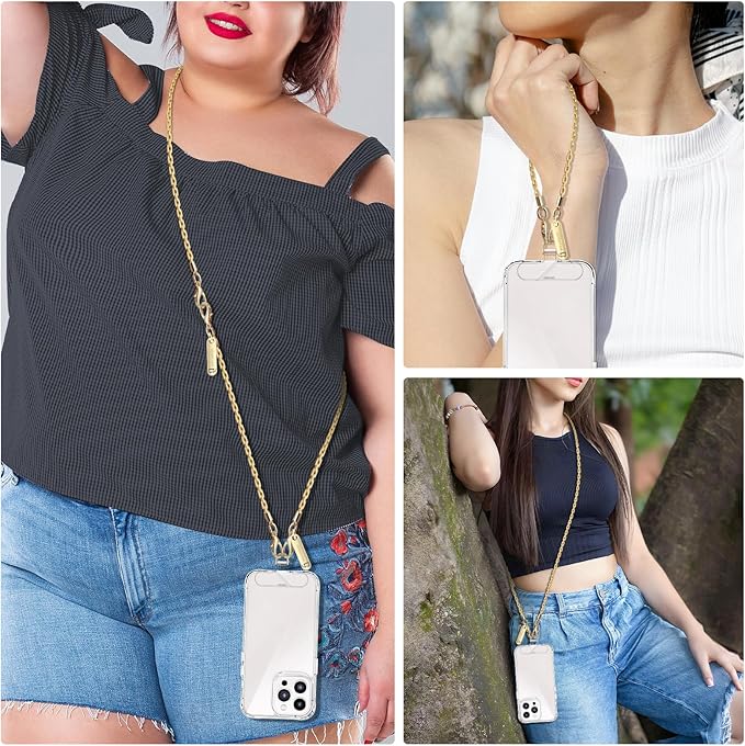 Metal Phone Chain, Crossbody Detachable Phone Lanyard with 1*Wrist Strap & 2* Tether Tabs for iPhone and Smartphones (PaleGold,Extend)