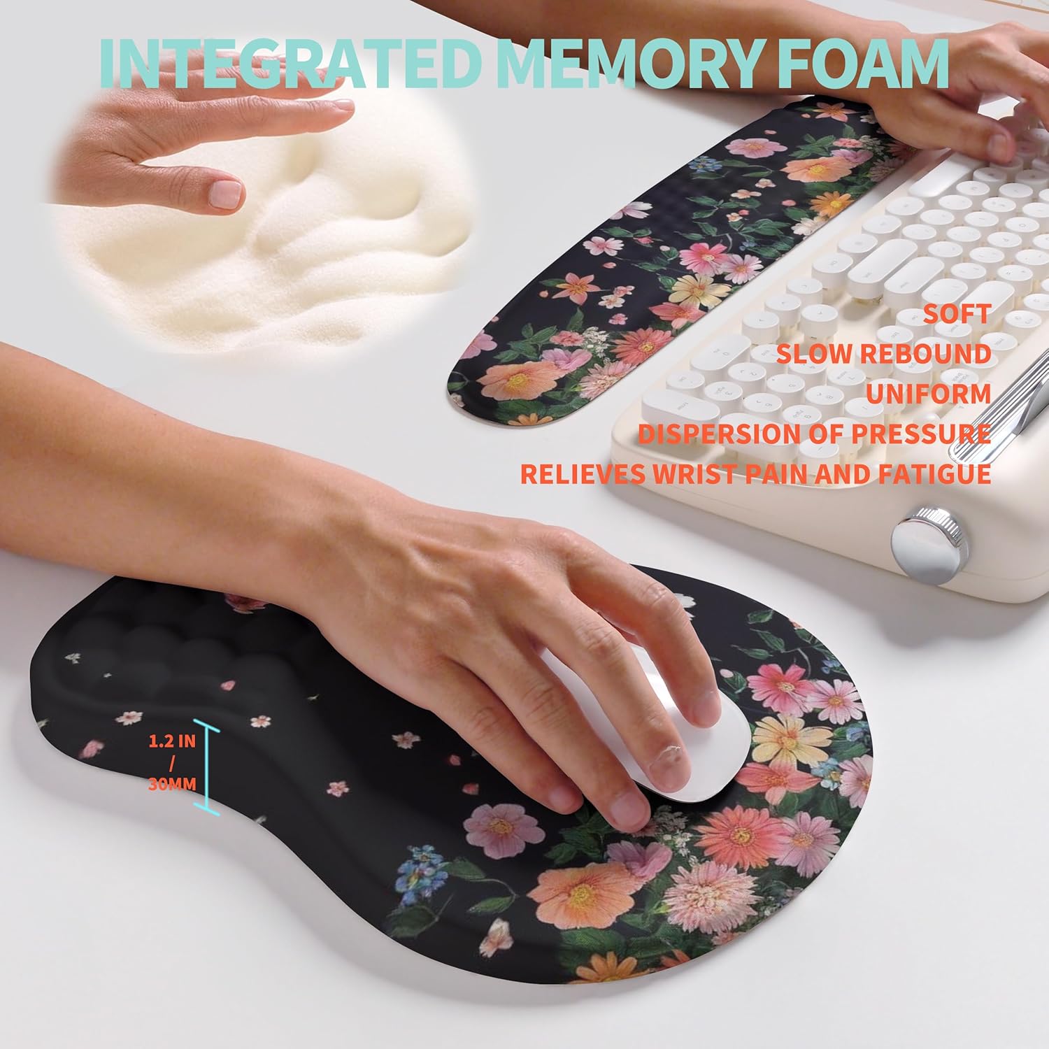 2-in-1 Ergonomic Set, Wave Rise Keyboard Wrist Rest and Massage Bulge Slope Mouse Pad Wrist Support, Cushion Memory Foam Integrated to Relieve Wrist Pain, Flower Dance