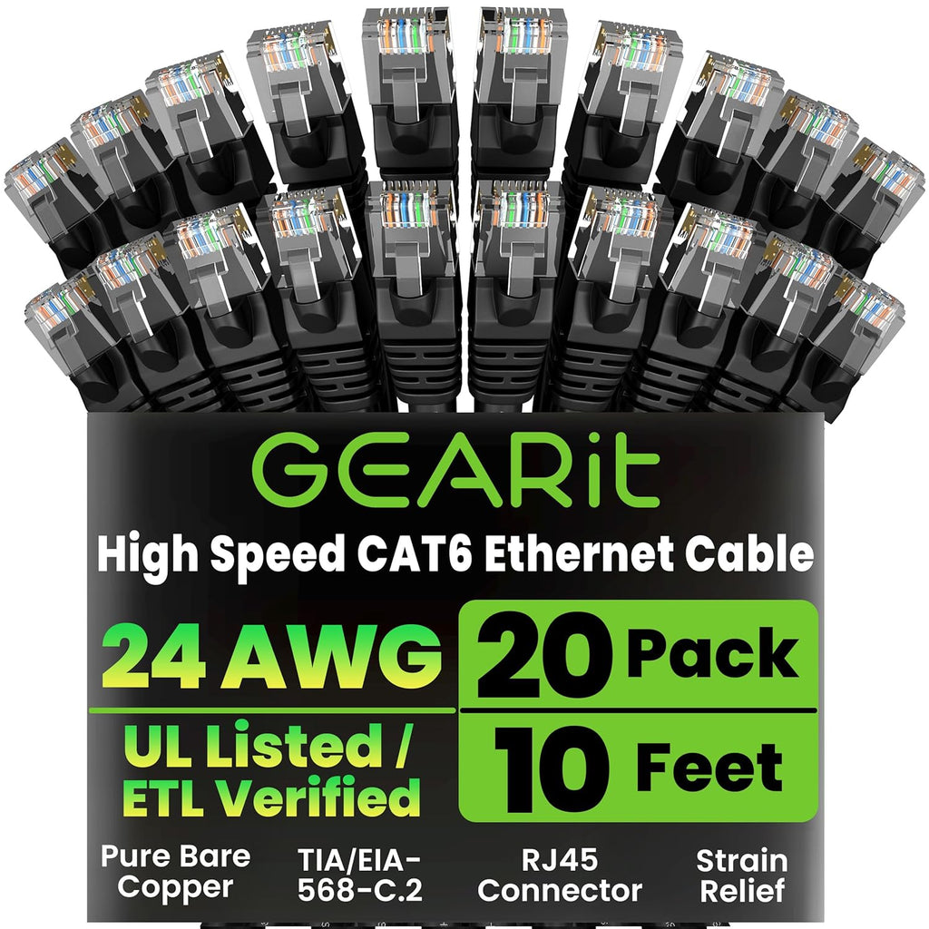 GearIT Cat 6 Ethernet Cable Pack - 20-Pack 10 ft Cat6 Ethernet Patch Cables | RJ45 Network Patch Cable, 10 Gbps Snagless Gold-Plated Connectors - Ethernet Cable Cat 6 for PC, TV, Router - Black