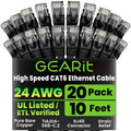 GearIT Cat 6 Ethernet Cable Pack - 20-Pack 10 ft Cat6 Ethernet Patch Cables | RJ45 Network Patch Cable, 10 Gbps Snagless Gold-Plated Connectors - Ethernet Cable Cat 6 for PC, TV, Router - Black