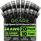 GearIT Cat 6 Ethernet Cable Pack - 20-Pack 10 ft Cat6 Ethernet Patch Cables | RJ45 Network Patch Cable, 10 Gbps Snagless Gold-Plated Connectors - Ethernet Cable Cat 6 for PC, TV, Router - Black