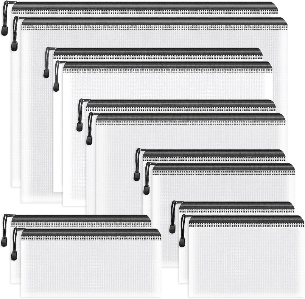 Umriox Zipper Bags, 6 Assorted Size (Black, 12 Packs), Project Bags for Cross Stitch, Mesh Zipper Pouch for Office Supplies Travel Accessories and Board Games Storage