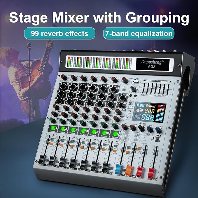 Depusheng AG8 Professional audio mixer 8 Channel with MP3 Player Source USB recording,With grouping and 2 AUX interfaces, 99DSP EFFECTfor Professional and Beginners