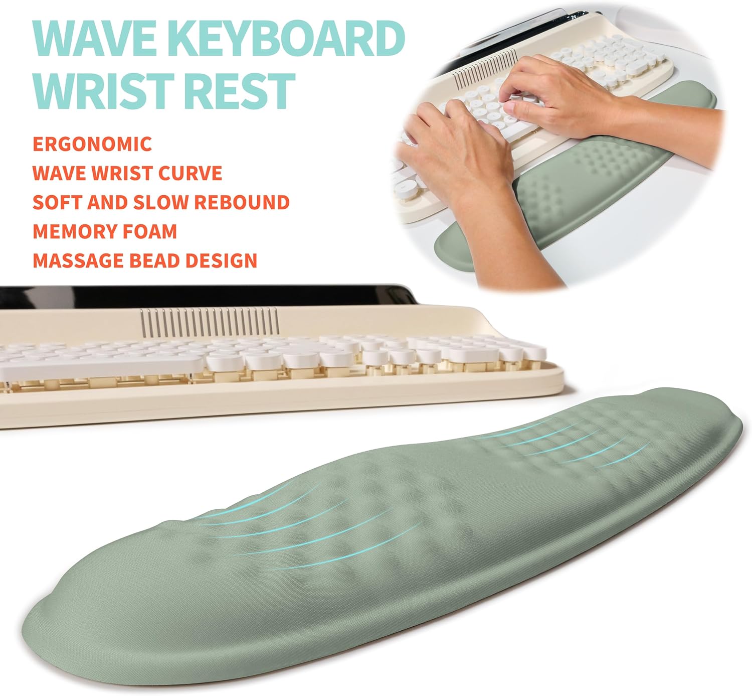 2-in-1 Ergonomic Set, Wave Rise Keyboard Wrist Rest and Massage Bulge Slope Mouse Pad Wrist Support, Cushion Memory Foam Integrated to Relieve Wrist Pain, Light Green