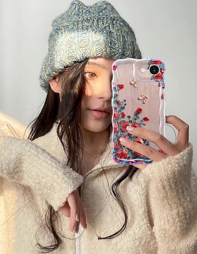 Jusy Compatible with iPhone 16e, Colorful Retro Oil Painting Printed Flower Laser Glossy Pattern Cute Curly Wave Phone Case Soft TPU Cover for Girly Women - Beige