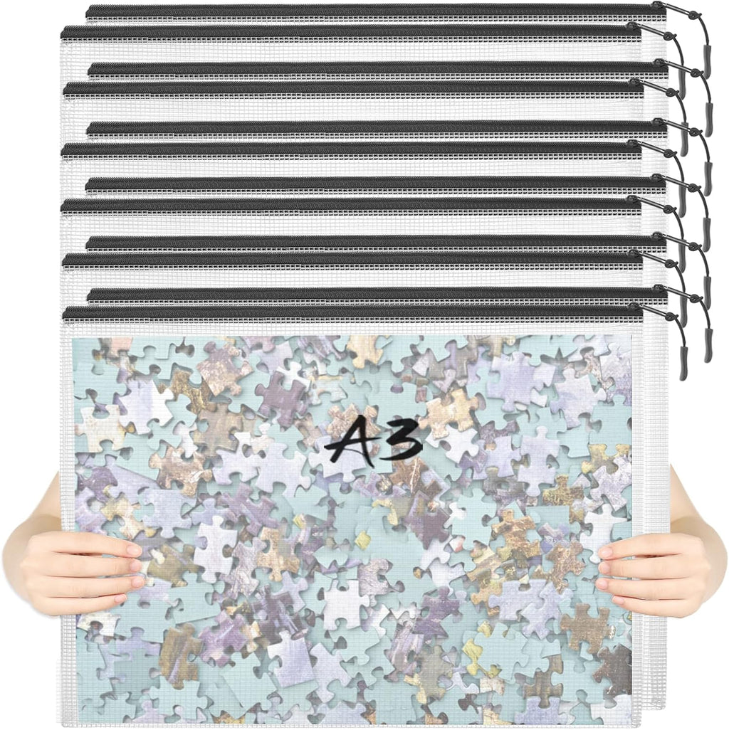 12pcs Mesh Zipper Pouch Puzzle Storage Bags A3 17x12 Inches Large File Bags Black Reusable Zipper Pouches for Organizing, Classroom Board Game Organization