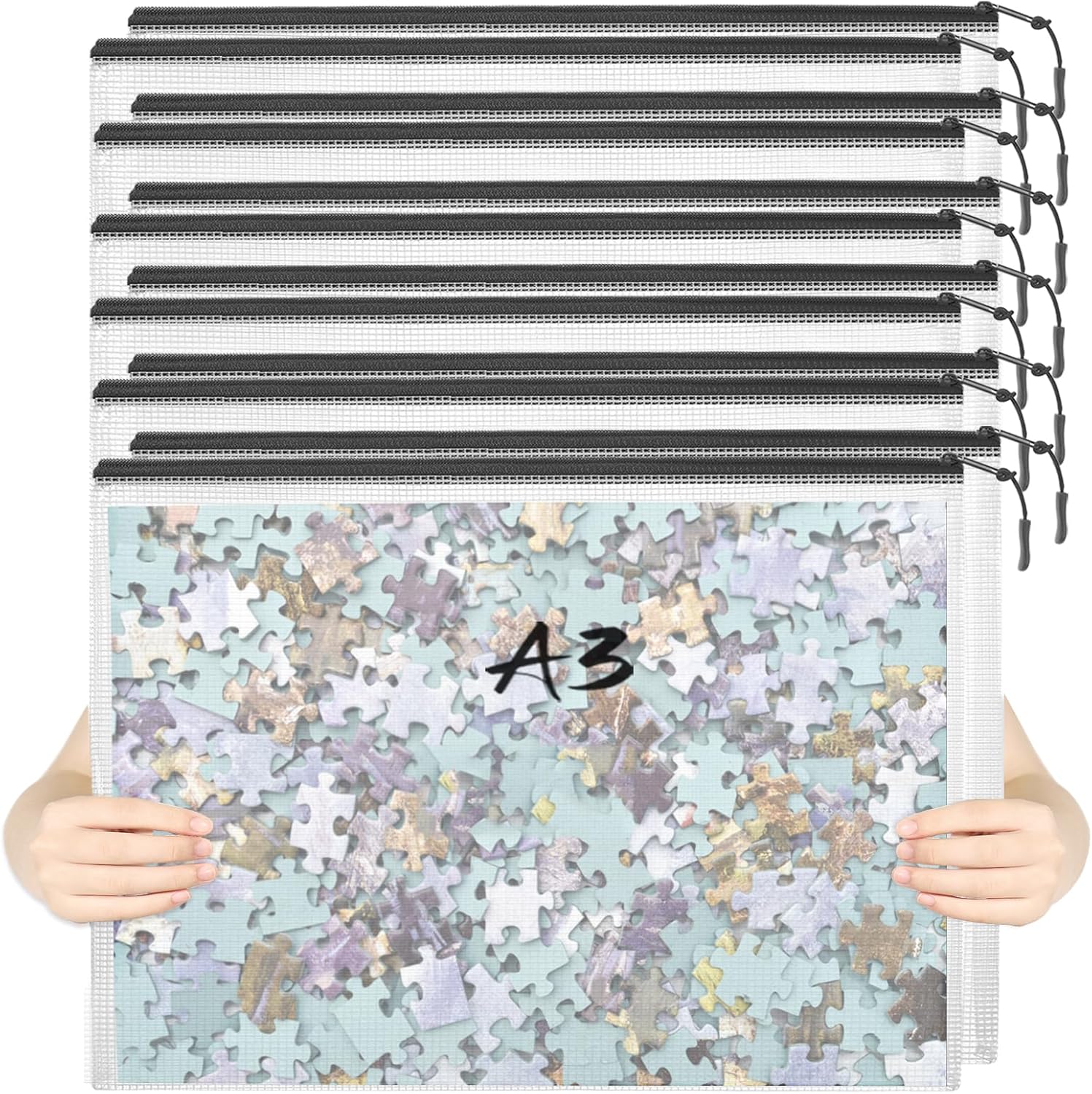 12pcs Mesh Zipper Pouch Puzzle Storage Bags A3 17x12 Inches Large File Bags Black Reusable Zipper Pouches for Organizing, Classroom Board Game Organization