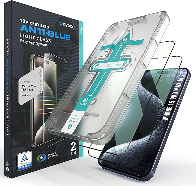 Deppa |2 Pack| Anti-Blue Light Screen Protector for iPhone 15 Pro Max (6.7') | Scratch Resistant Tempered Glass | 3D Edge to Edge Coverage | Easy Installation Kit | Eye Safeguard TÜV Certified