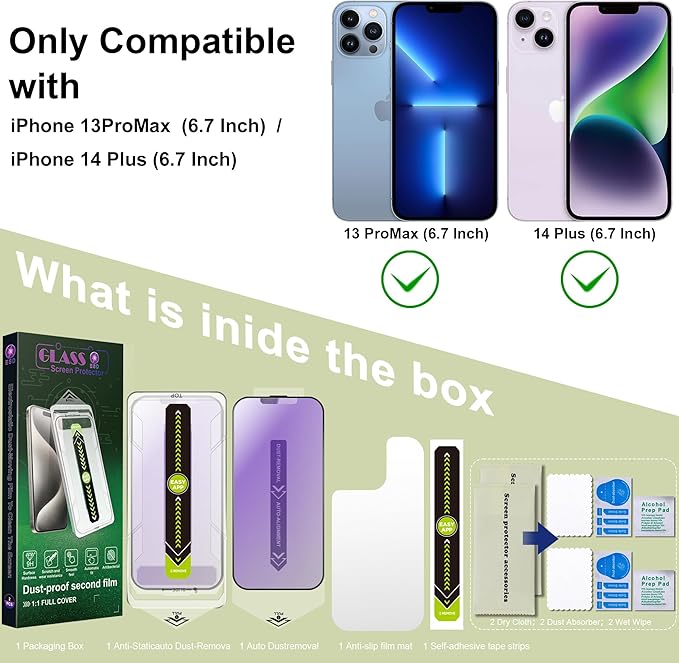 (2-Pack Anti Blue Light Matte Screen Protector for iPhone 13 Pro Max/14 Plus (6.7-Inch),9H Tempered Glass,Anti-Glare,Full Coverage,Anti-Fingerprint,Auto Dust Removal,Bubble-Free