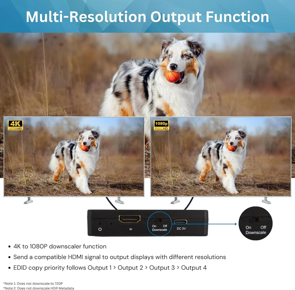 J-Tech Digital HDMI Splitter 4K 60Hz 1X4 Multi-Resolution Output (MRO) HDMI 2.0 Splitter Supports downscale HDR HDR10 / Dolby Vision 4K@60Hz 4:4:4 HDCP2.3 2.2 (JTECH-4KSP4)