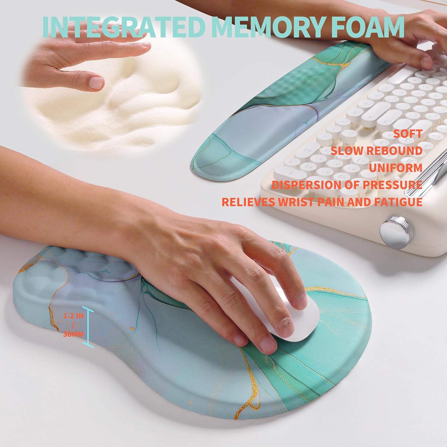 2-in-1 Ergonomic Set, Wave Rise Keyboard Wrist Rest and Massage Bulge Slope Mouse Pad Wrist Support, Cushion Memory Foam Integrated to Relieve Wrist Pain, Blue Gold Marble