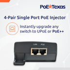 Poe Texas 60 watt PoE Injector - 802.3bt PoE++ Single Port 4-Pair Power Over Ethernet Injector - Active PoE Adapter with 55V 60W Output - 10/100/1000 Gigabit Data - Mode A/B Wall Mount Plug & Play