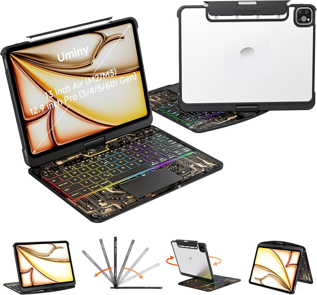 Keyboard Case for 12.9 inch iPad Pro 6/5/4/3rd Gen & 13 inch iPad Air (2025 M3, 2024 M2) Wireless Keyboard with Trackpad 7 Color Backlit, Transparent Protective Cover with Pencil Holder (Black)