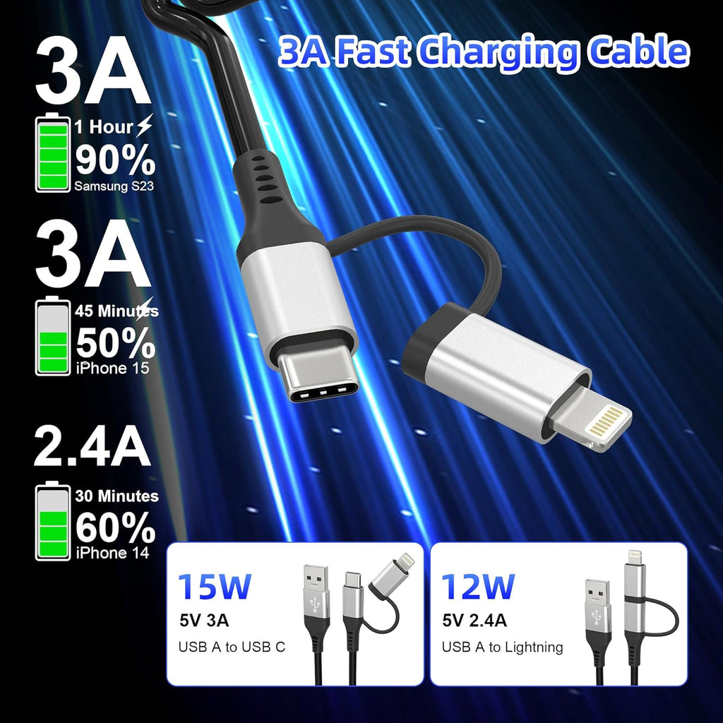 USB to USB-C and Lightning Cable 2 in 1 Coiled Cable Support Aple Carplay & Android Auto [MFi & 3A Fast Charge & Data Sync] Coiled Lightning and USB C Cable for iPhone 17/16/15/14/13/Android, Silver