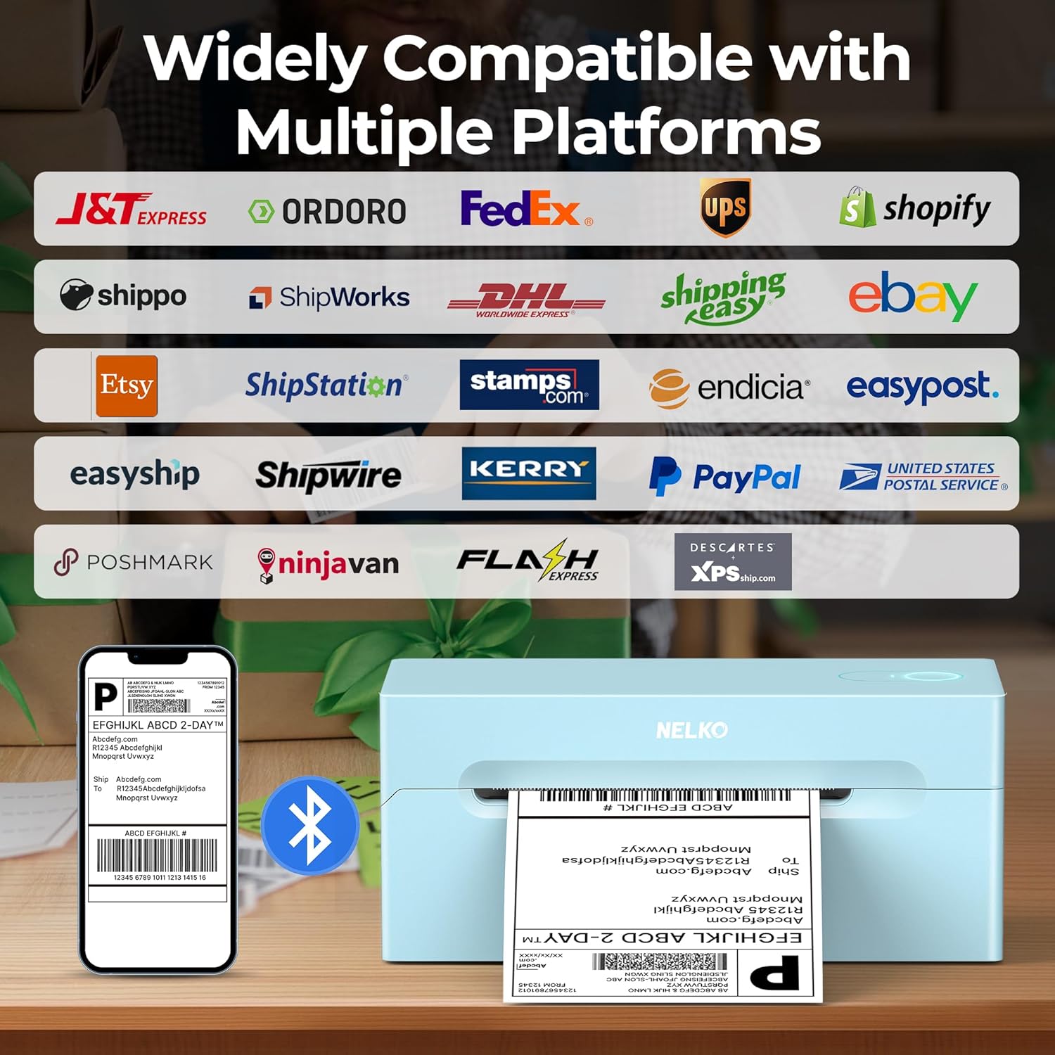 Nelko Bluetooth Thermal Shipping Label Printer, 4x6 Shipping Label Printer for Shipping Packages, Support Android, iPhone and Windows, Widely Used for Amazon, Ebay, Shopify (Blue)