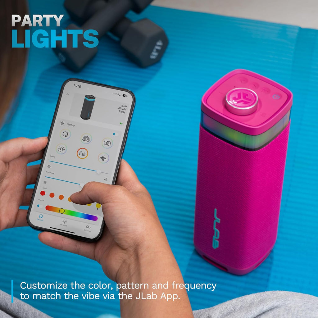 JLab JBuds Party Portable Bluetooth Speaker, 2 Full-Range Drivers + 2 Passive Woofers, IP56 Waterproof, 12 Hours Playtime, Connect Multiple Speakers, Custom Sound + RGB Lighting via App, Pink