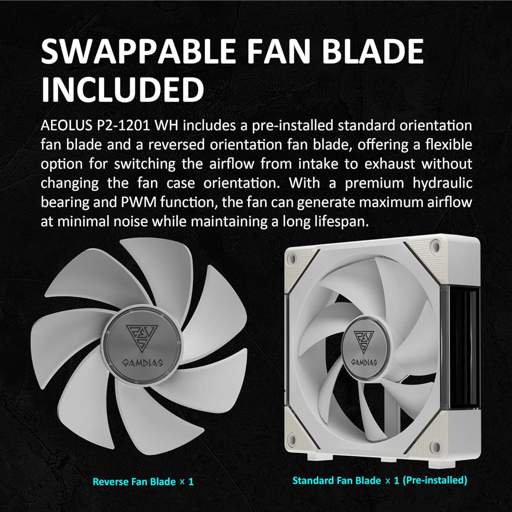 GAMDIAS AEOLUS P2-1203 120mm ARGB PWM Fan (3 Pack, no Hub), Include Reverse Fan Blade x3 & Controller, ARGB Sync, Easy Installation & Cabless Daisy-Chain Design, Silent Operation, Up to 2400RPM, White