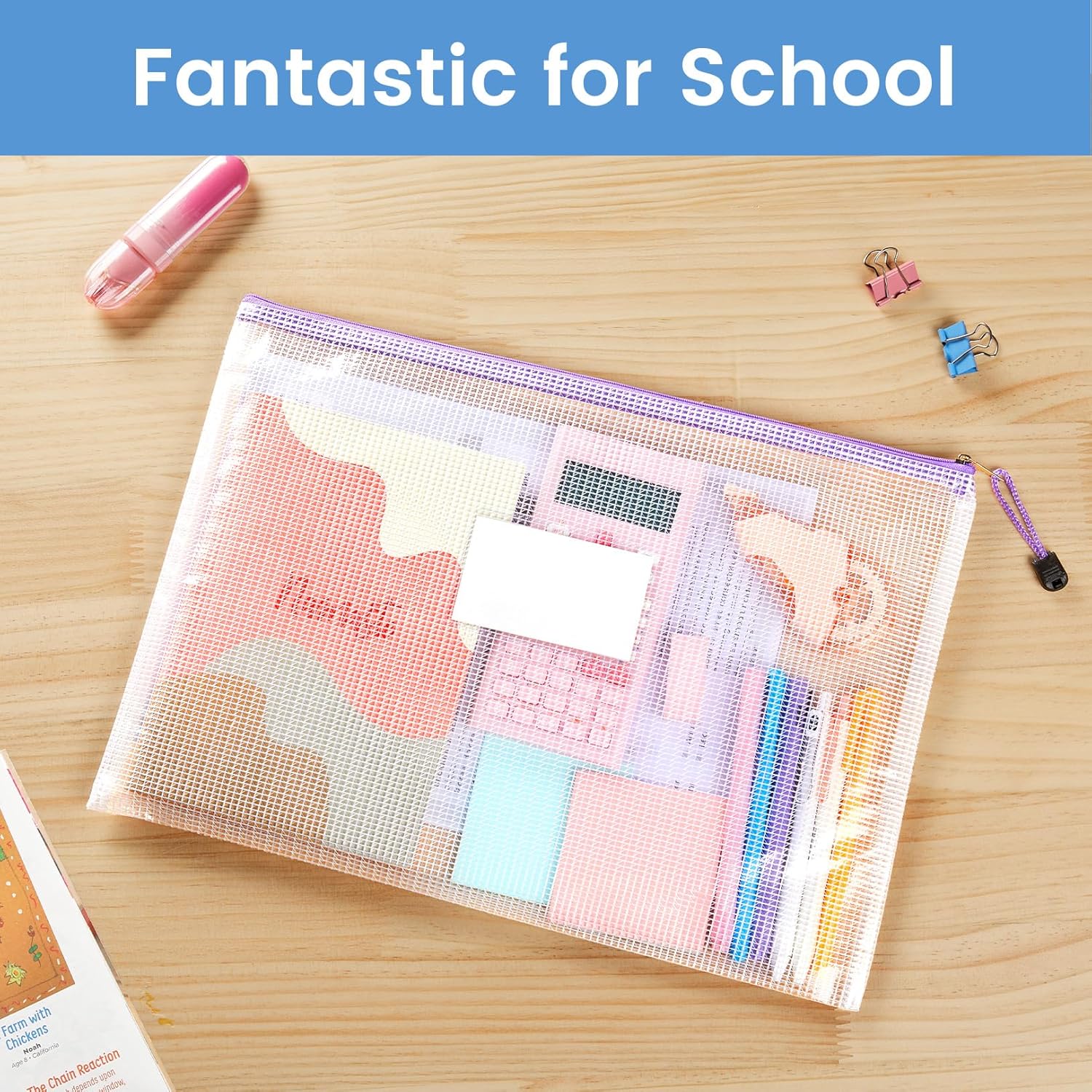 Sooez 24 Pack Super Large Mesh Zipper Pouch Bags, B4 (15.6×11.2 in) Pencil Pouch Bulk with Label Pocket, Waterproof Organizers for Board Game Storage, File Bags for School, Travel & Office, 12 Colors