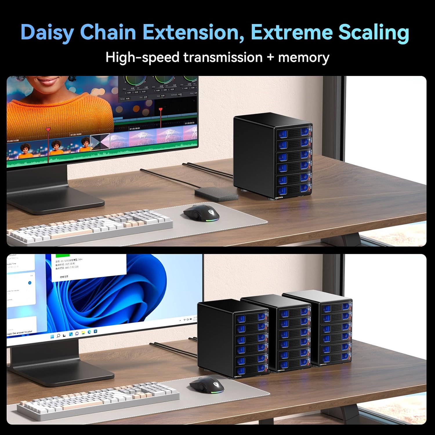 6 Bay Hard Drive Enclosure with Cooling Fan for 2.5“/3.5" SATA HDD/SSD with USB A/C 3.2 Gen 2, Support Hot Swappable, Daisy Chain Expansion, Tool-Free HDD Enclosure, DAS(NO RAID/NAS)