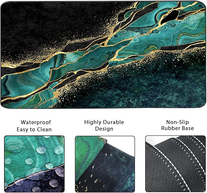 Keyboard Mouse Pad Set, Extended Mouse Pad+Keyboard Wrist Rest Support, Memory Foam Ergonomic Easy Typing, 3Pcs (35.4×15.7 in) Desk Pad Set for Home Office Study Game - Malachite Marble