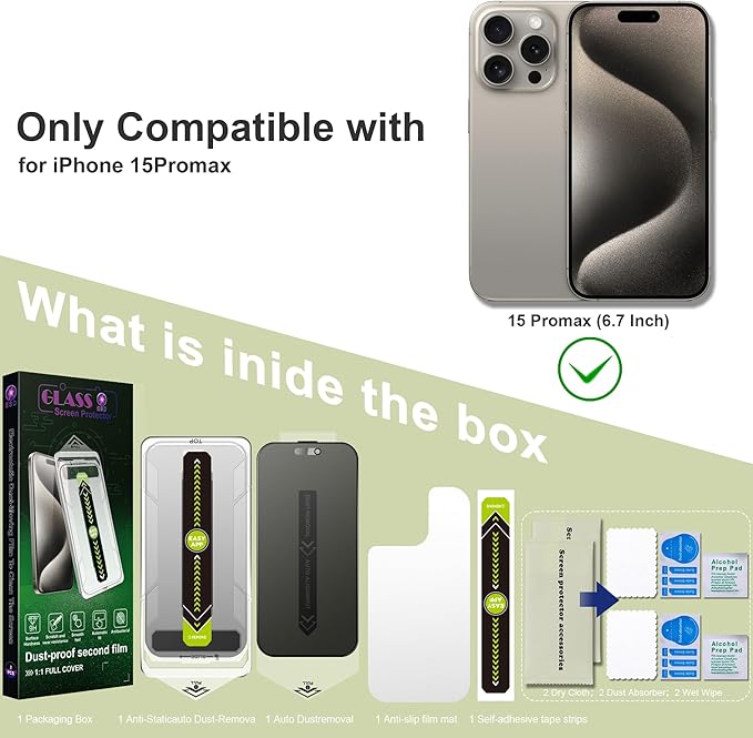 (2-Pack Matte Privacy Anti-Spy Screen Protector for iPhone 15 Pro Max (6.7-Inch),9H Tempered Glass,Anti-Glare,Full Coverage,Anti-Fingerprint,Auto Dust Removal,Bubble-Free