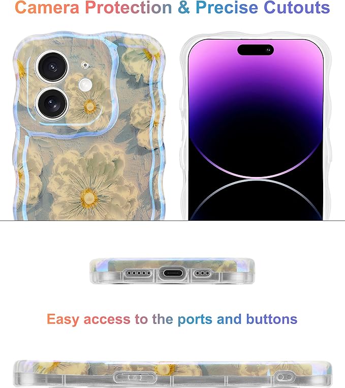 Jusy Compatible with iPhone 12, Colorful Retro Oil Painting Printed Flower Laser Glossy Pattern Cute Curly Wave Phone Case Soft TPU Cover for Girly Women - Light Blue