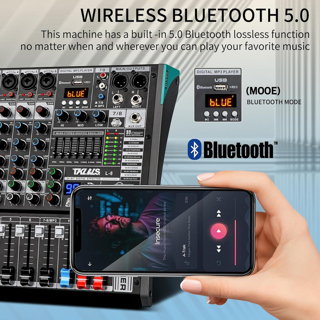 Audio Mixer, TKLBLS Professional 8 Channel DJ Mixer Board with 99-Bit DSP, Sound Board Mixing Console 7-Band EQ Output, USB Audio Interface, Bluetooth 48V Phantom Power For Karaoke Studio Streaming