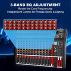 12 Channel Audio Mixer, Professional Music Mixer Board DJ Mixing Console with Bluetooth, USB/MP3 Player, Reverb, and 48V Phantom Power for Studio Recording, Karaoke, and Live Performances