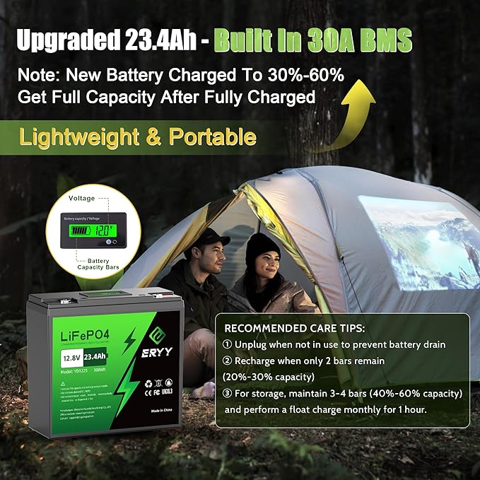 12V 23.4Ah(30A BMS) LiFePO4 Lithium Deep Cycle Battery With 30A BMS & Voltage Indicator, 12 Volt Battery Lithium Iron Phosphate for Fish Finder, Ham Radio, Solar, Scooters, Power Wheels, RV, Camp