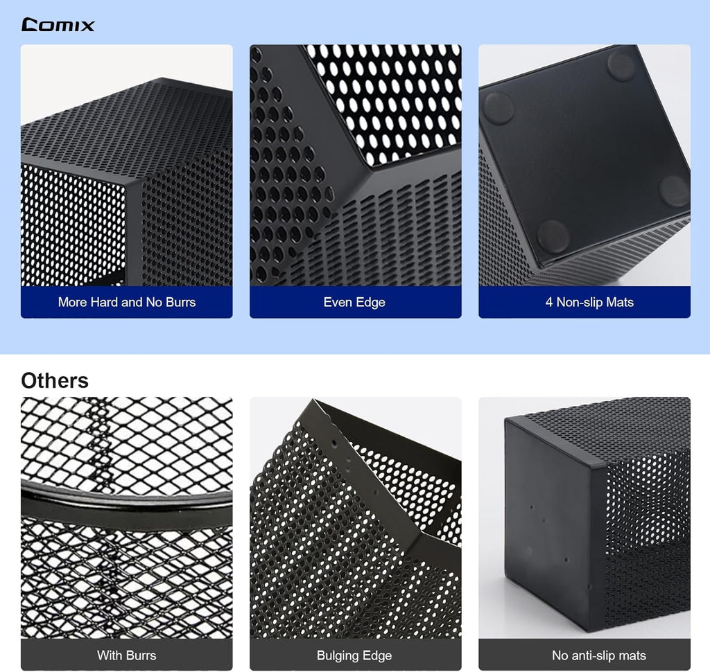 Comix Mesh Pen Holder Desk, Wire Pencil Holder with Foam Pad and Non-Slip Bottom Office Supplies Desk Organizer for Home Office School, 1 Pack