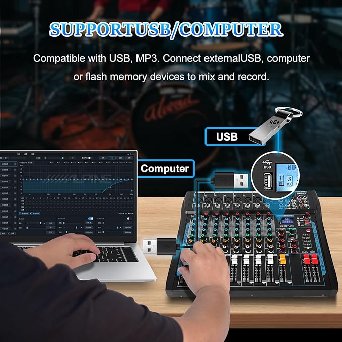 8 Channel Audio Mixer Sound Board Mixer 16 DSP Effect Audio Interfacer w/USB Drive for Computer Recording, 48V Power, XLR Microphone Jack DJ Mixer for Karaoke Studio Streaming Recording