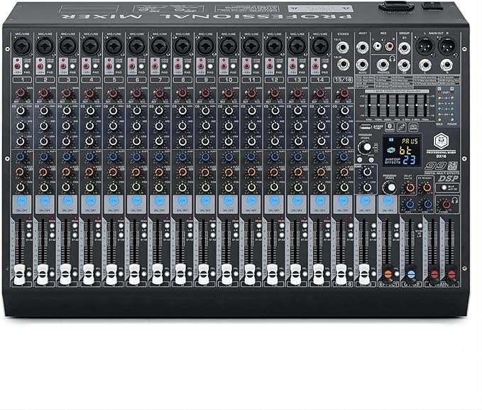 W IN-MIX DX16 Professional DJ Audio Mixer 16 Channel with 99 DSP Effects,7-band EQ,Independent 48V Phantom Power&Mute Button,Bluetooth Function,USB Interface Recording For Studio & Stage