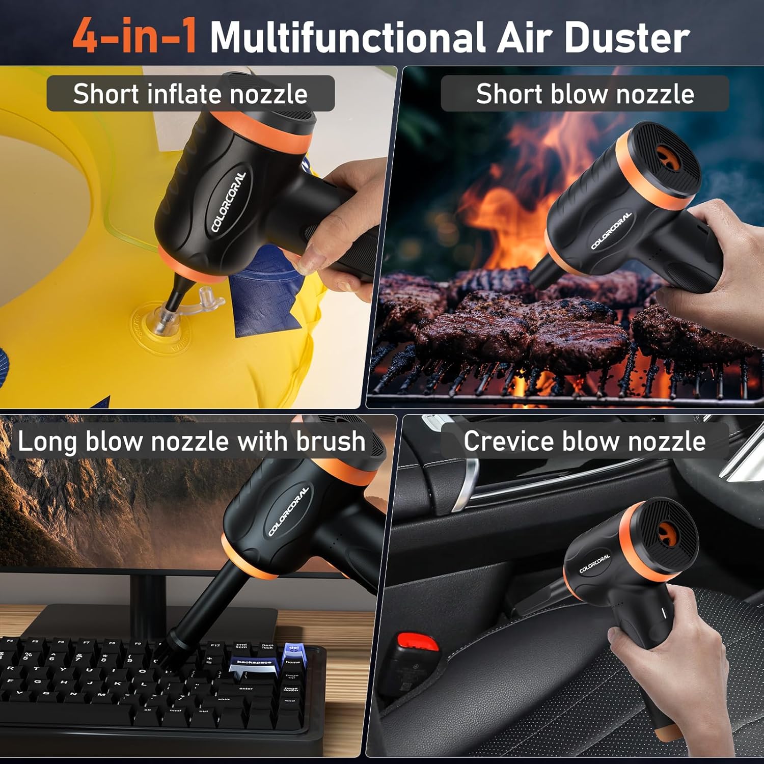COLORCORAL 12-in-1 Cordless Compressed Air Duster with 2-Speeds 120,000RPM, LED Light, Computer Vacuum Air Duster 2-in-1, Perfect for Deep Cleaning Keyboards, PCs, Cars, and Electronics