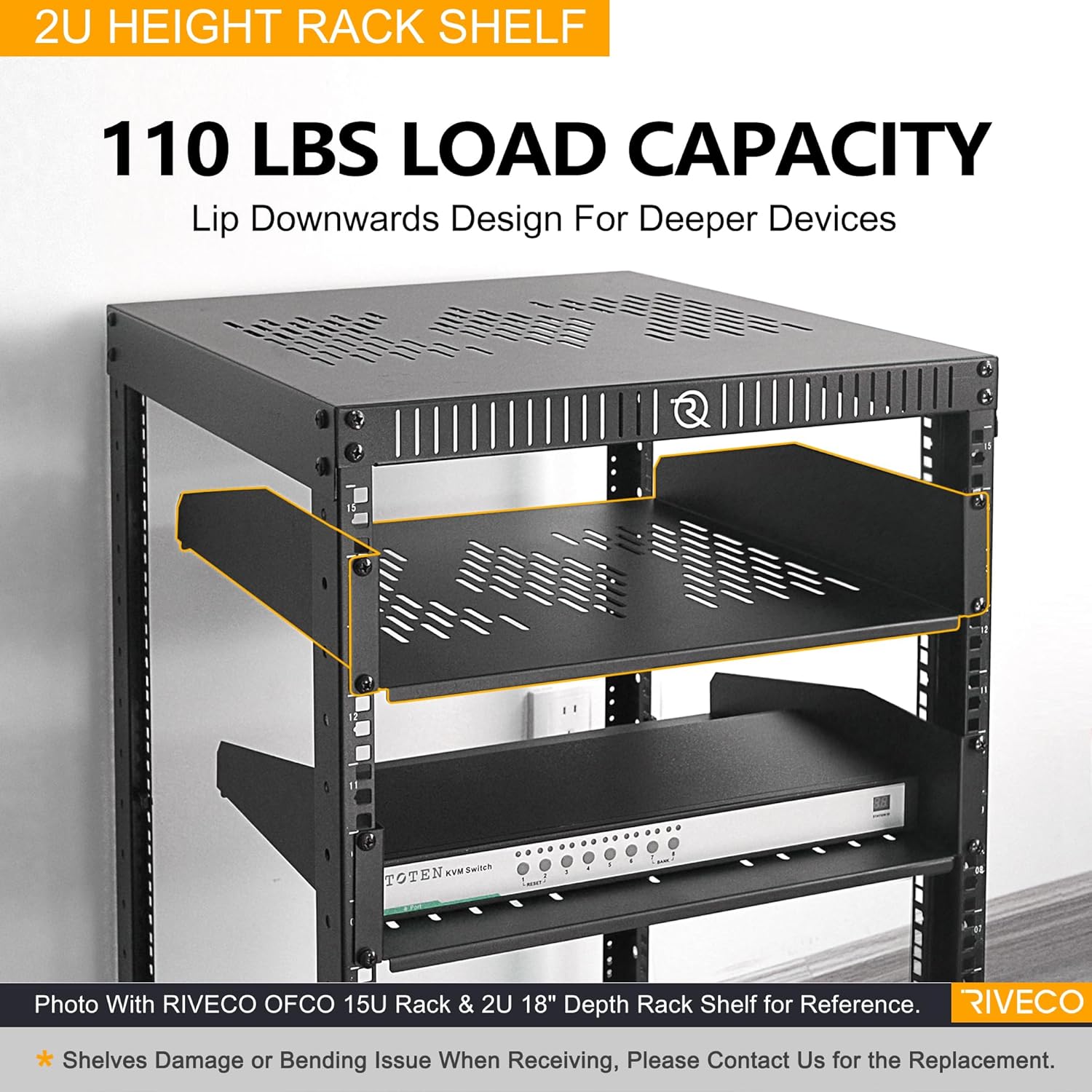 RIVECO 2U Server Rack Shelves for 19" Network Cabinet, Rack Mount Vented Cantilever Trays for Deep IT & Audio Equipment, 18" Depth, 2 PCS Black