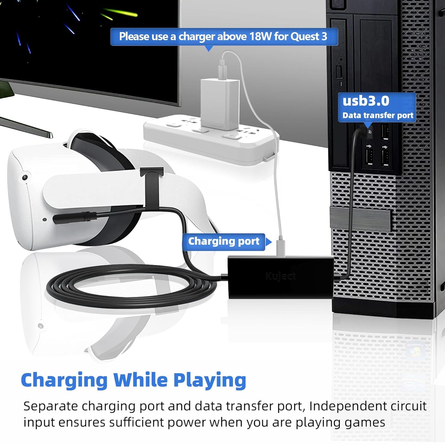 Kuject Design 16FT Link Cable for Quest 3S/3, Quest 2, Quest Pro, with Separate Charging Port for Uninterrupted Power, USB 3.0 Type A to C Cable for VR Headset Accessories and Gaming PC