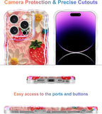 Jusy Compatible with iPhone 16 Pro Max, Colorful Retro Oil Painting Printed Flower Laser Glossy Pattern Cute Curly Wave Phone Case Soft TPU Cover for Girly Women - Strawberry Flower