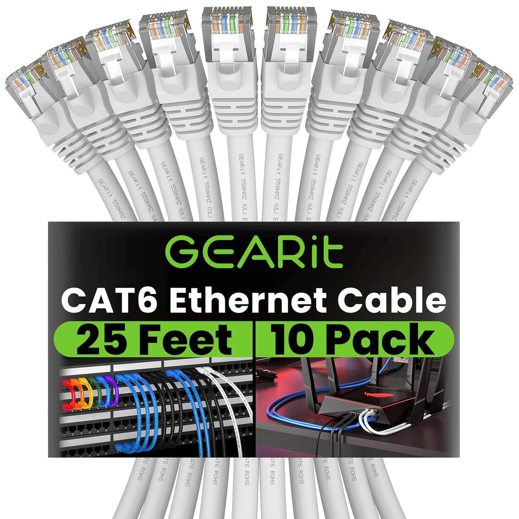 GEARit Cat 6 Ethernet Cable (10-Pack 25 Feet) Cat6 Network Patch, 10Gbps, RJ45, Snagless Cord, Gold-Plated Connectors, Internet for PC, TV, Tablet, Router, Printer, Servers, IT Data Center - White